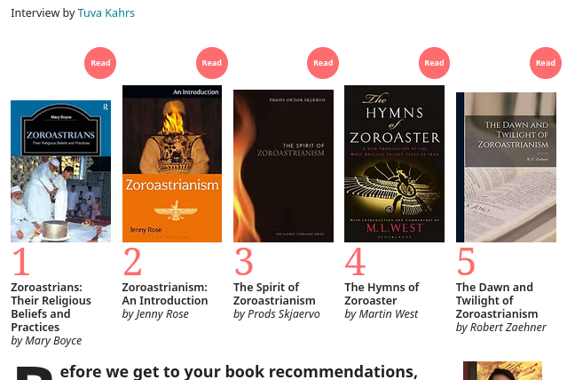 Covers of five books about Zoroastrianism
